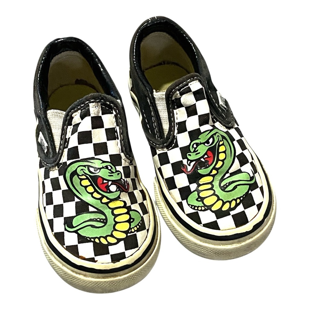 Vintage Vans Checkerbord Slip On Sneakers Toddler Size 6.5 Custom Snake Graphic